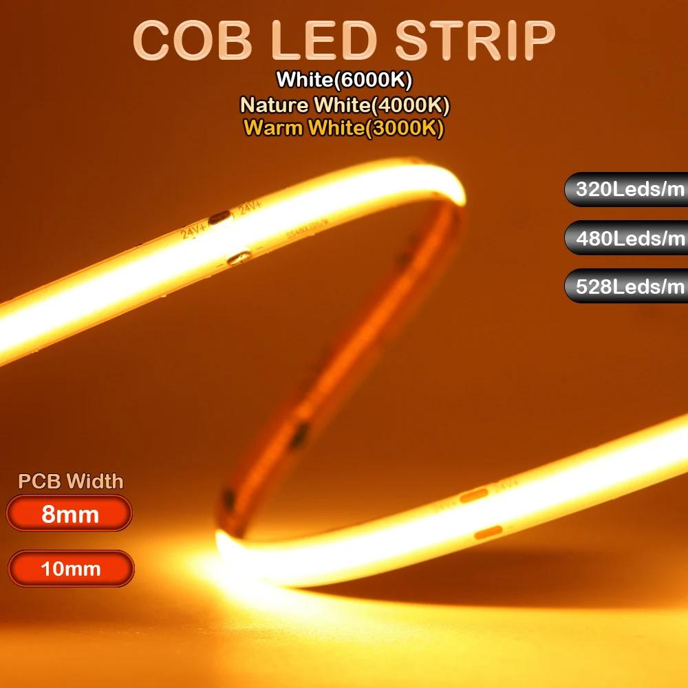 COB LED 스트립 조명 320 480 528LEDs/m 고밀도 유연한 테이프 리본 3000-6000K, 빨간색 녹색 파란색 노란색 RA90 DC12V/24V